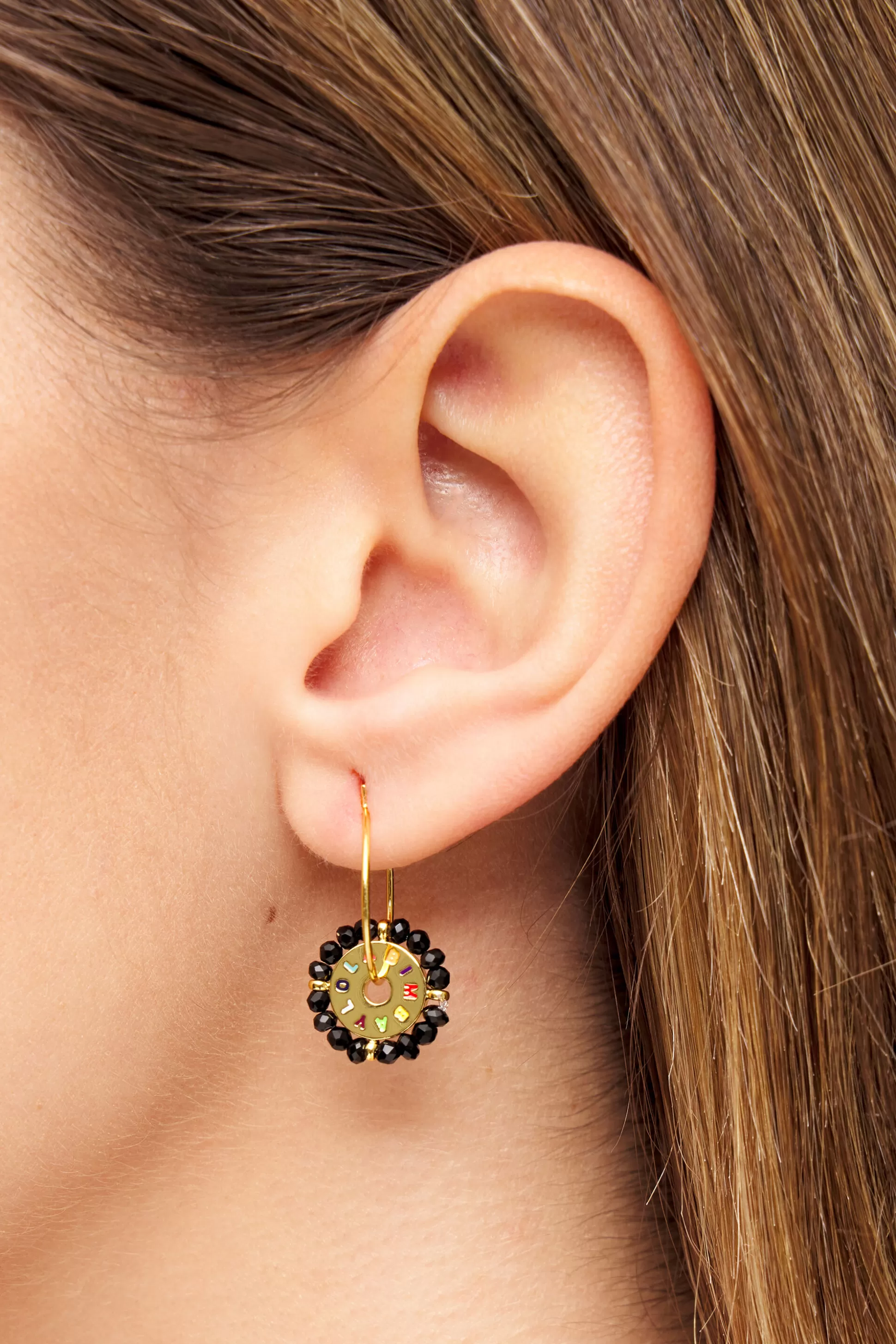 Outlet BIMBA Y LOLA Brinco Argola Dourada Cristais Preto Black