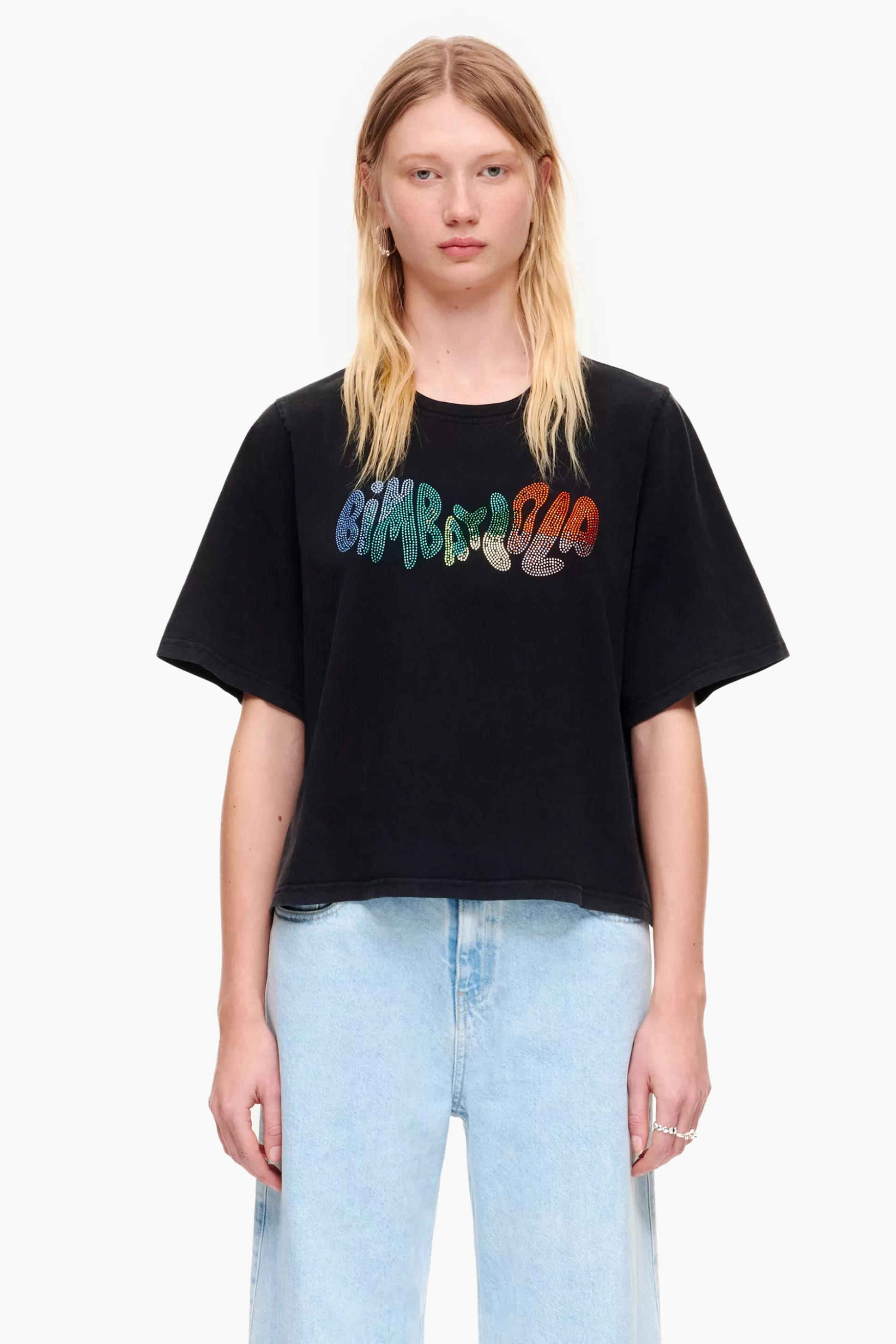 Sale BIMBA Y LOLA T-Shirt Algodao Logo Hot Fix Bimba Preto Lavado Washed Black